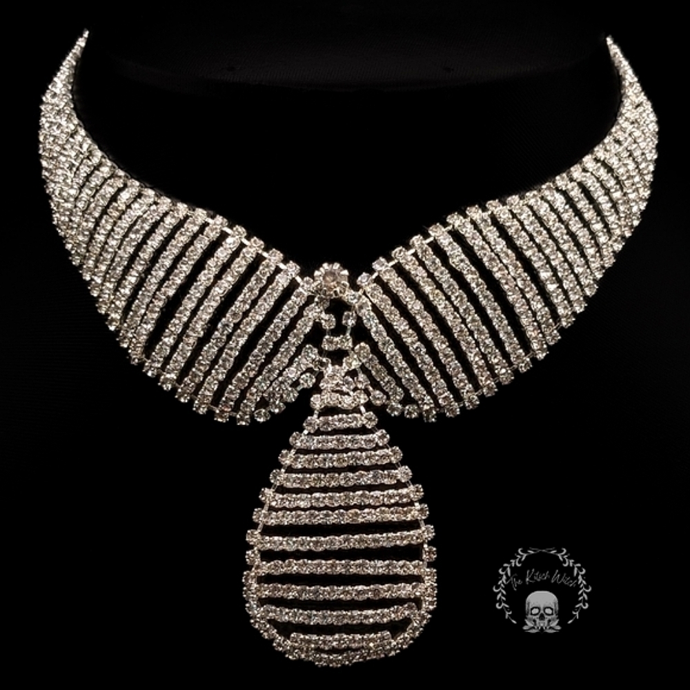 Large Teardrop Crystal Rhinestone Necklace - Wedding Bridal Prom Costume Bling